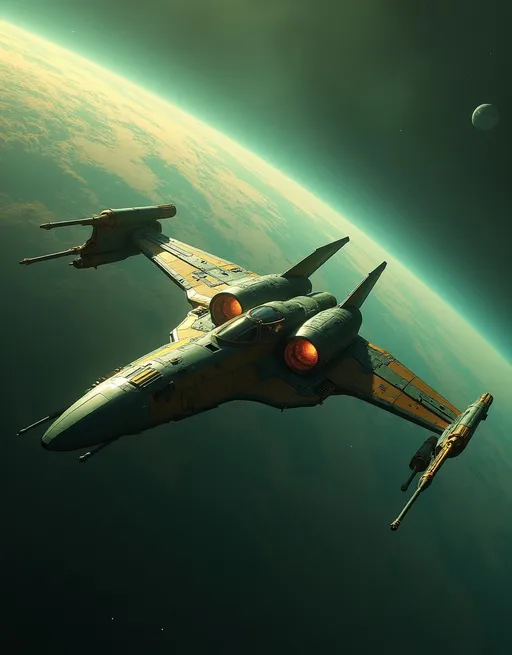 Prompt: An L shaped space fighter with outrigger sponson mounting the weapons systems is swooping across the orbital traffic lanes of a huge green & brown planet at night. High detail & quality, 8k, pro photo, cinematic, sci-fi.
