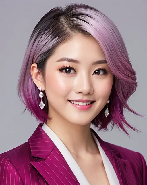 Prompt: Professional profile, beautiful Japanese woman age 25, magenta-purple gradient shoulder-length hair, vibrant gray eyes, diamond shaped face, petite nose, professional makeup, high quality, detailed, realistic, profile, elegant pinstriped apricot suit, confident expression, professional lighting, high-res, simple pearl earrings, subtle smile