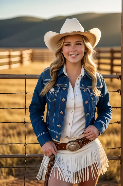 Prompt: Pretty teenage rodeo girl, wearing a (blue denim jacket with white fringe detail), (chambray shirt), (brown suede fringed skirt), (white cowboy boots), (cowboy hat), holding a lasso, warm light, photorealistic, professional photo, high-res, detailed textures, crisp focus, warm and inviting atmosphere, golden hour lighting, ranch background with fencing and open fields, vibrant colors, 4K, ultra-detailed.