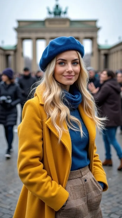 Prompt: Beautiful woman age 21, intricate square face, upturned nose, blue-eyed, blonde hair, rosy skin, yellow plaid wool coat, blue beret, blue sweater, khaki tweed skirt, brown leather boots, standing in a crowded snowy Berlin park, Brandenburg Gate in the background, 8k photo, detailed, high-res, realistic, winter fashion, natural lighting, historical landmark, vibrant colors, professional photography