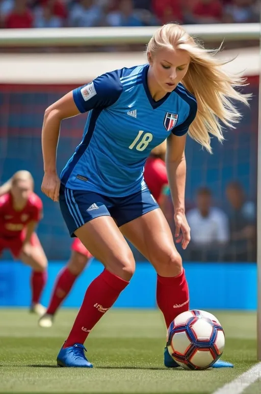 Prompt: Professional sports photography of a tall, athletic blonde woman in a red & blue uniform lining up a soccer penalty shot, long flowing hair, muscular legs, bright sunny day, high-res, detailed muscle definition, focused expression, dynamic action, vibrant colors, sporty, realistic lighting