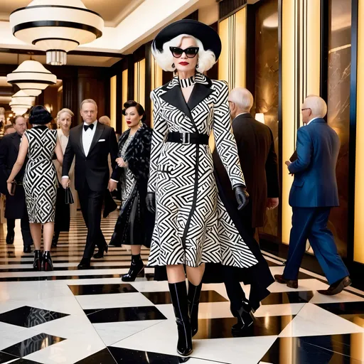 Prompt: Cruella Deville wearing a black and white geometric block print dress and black Prada boots is walking through a crowded and busy art deco hotel lobby, intricate face, 8k photo, high detail.