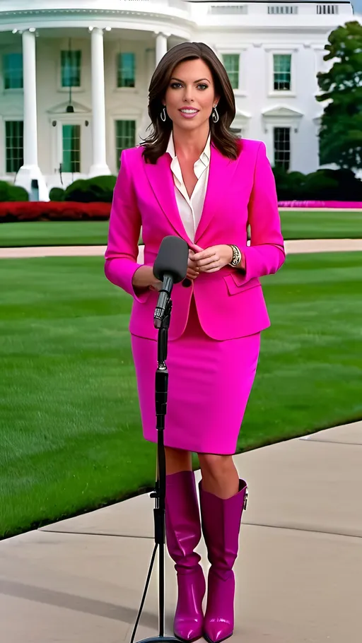 Prompt: Beautiful brunette reporter with microphone, intricate oval face, age 35, green-eyed, talking into a tv camera outside The White House, wearing fuchsia blazer, white blouse, fuchsia pencil skirt, boots, 8k photo, professional, realistic, detailed facial features, vibrant colors, outdoor lighting, news reporter, high quality