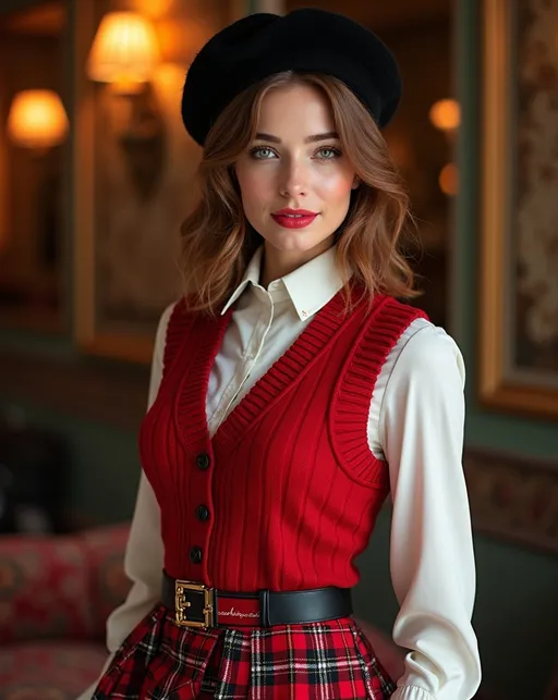 Prompt: Photorealistic image of a beautiful young woman with chic wavy shoulder-length chestnut hair and striking green eyes, wearing a stylish white blouse layered under a vibrant red knit vest. She pairs this with a classic red and black tartan skirt, alluring red tights, and elegant black pumps. A sophisticated black Basque beret completes her look, as she stands gracefully in an opulent Belle Époque lounge, richly decorated, rich patterns, luxurious ambiance, capturing her buxom physique, 8K resolution, ultra-detailed.