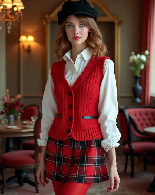 Prompt: Photorealistic image of a beautiful young woman with chic wavy shoulder-length chestnut hair and striking green eyes, wearing a stylish white blouse layered under a vibrant red knit vest. She pairs this with a classic red and black tartan skirt, alluring red tights, and elegant black pumps. A sophisticated black Basque beret completes her look, as she stands gracefully in an opulent Belle Époque lounge, richly decorated, rich patterns, luxurious ambiance, 8K resolution, ultra-detailed.