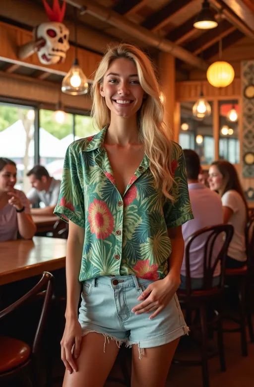 Prompt: photorealistic, (8K), vibrant colors, young blonde woman casually dressed in a (tropical print blouse and shorts), standing relaxed in an (elegant Tiki themed restaurant), surrounded by (classic Tiki decor), soft ambient lighting casting cheerful shadows, intricate details of the decor, lively atmosphere with other patrons enjoying, inviting and warm vibe, (high detail & quality).