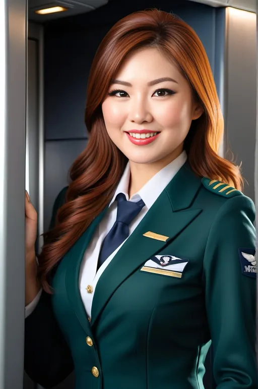 Prompt: Beautiful Japanese flight attendant, (lush curvaceous figure), (flawless face), navy blue and hunter green uniform, long wavy auburn-reddish hair, vibrant gray eyes, warm smile, standing next to (aircraft door), (photorealistic), high-res, (studio lighting), capturing elegance and professionalism, bright atmosphere, emphasizing her friendly demeanor and the sleek design of the airplane interior.