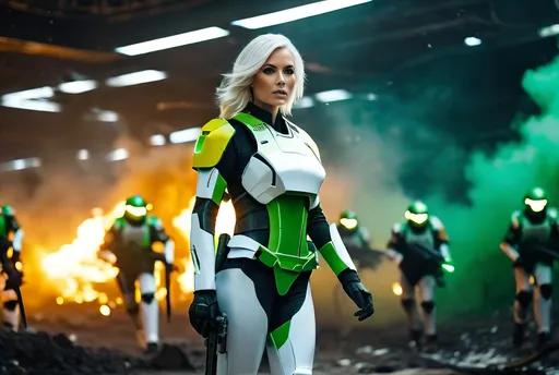 Prompt: 8K photo, cinematic, sci-fi, military, beautiful female officer, age 35, flowing white hair, green yellow black uniform, leads a group of robot infantry soldiers with glowing helmets and white uniforms, futuristic laser guns, in a shattered corridor, smoke, debris, flames, panoramic battle scene, high detail, fill light.