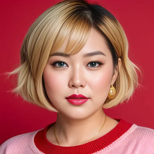 Prompt: Head and shoulders 8K photo of beautiful chubby jowly double chinned blue eyed bosomy buxom Japanese woman with short bob-cut blonde hair, perfect square shaped face, prominent cheekbones light makeup, gold jewelry bright pink lips, wearing a low cut red sweater, highly detailed, warm light