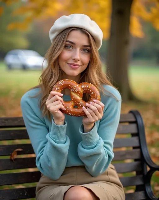 Prompt: Candid photo of a striking beautiful woman, age 21, (green eyes), (cinnamon-blonde hair), (arched eyebrows), (gorgeous diamond face), wearing a (sky-blue sweater) and (white beret), (khaki skirt) suede boots, sitting on a park bench eating a large soft pretzel, (ultra-detailed), (8k), soft natural lighting, (bright and cheerful ambiance), elegant Fall background blurred softly.