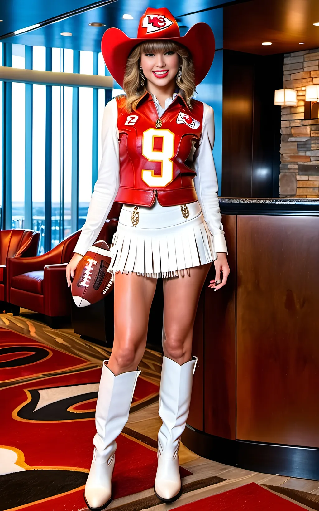 Prompt: A smiling happy Taylor Swift is ((carrying an NFL football)) standing in a hotel lobby ((wearing a red cowboy hat, red leather vest with fringe, a white blouse, red leather miniskirt, white cowboy boots)), Kansas City Chiefs theme, buxom figure, intricate face:2.0, 8k photo, high detail.