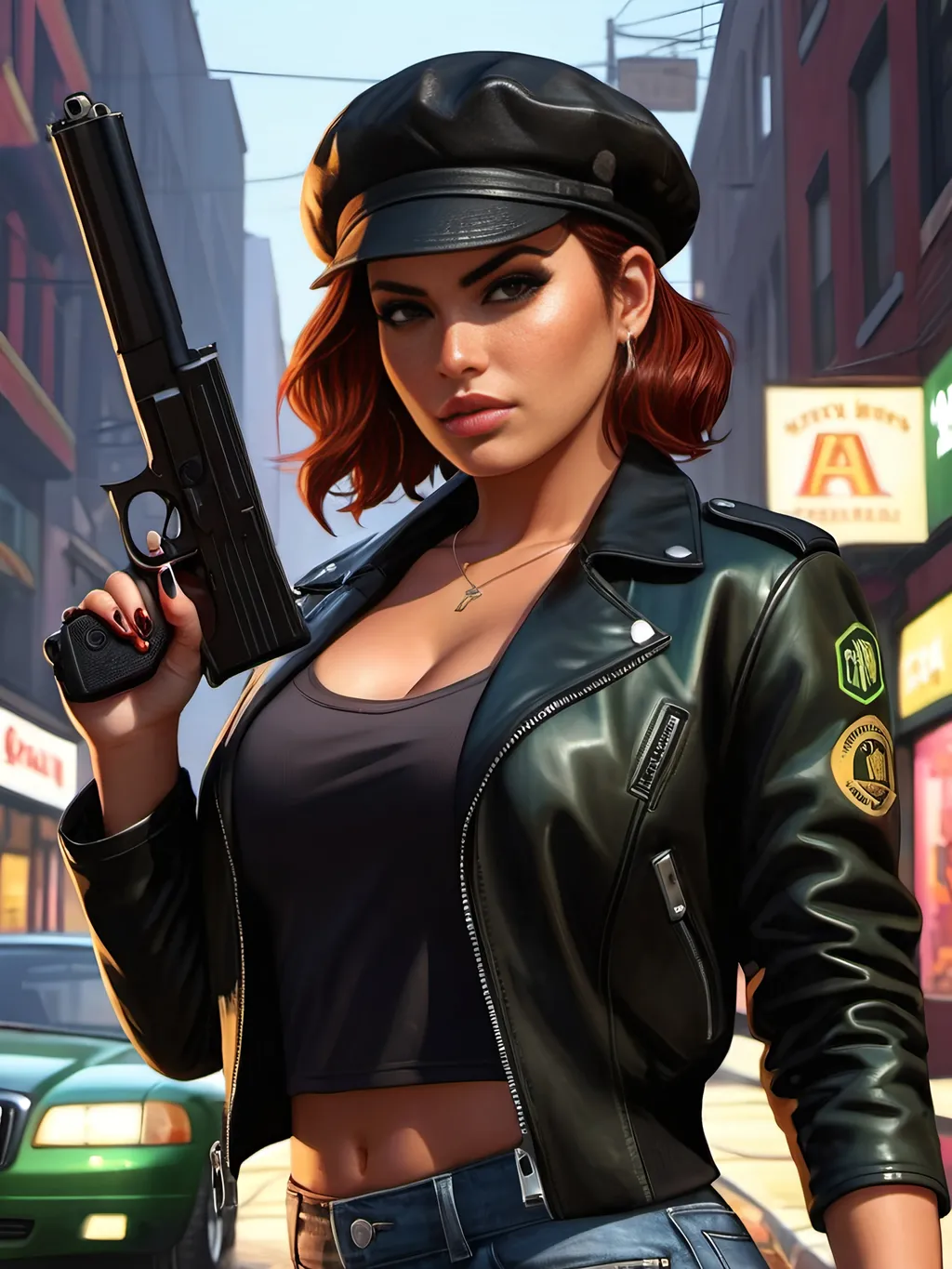 Prompt: 8k photo of a tall, leggy, full-figured Hispanic female spy age 25, intricate face, green-eyed, short auburn hair, wearing all black tee, leather jacket, miniskirt, hosiery, beret, black Prada boots, standing in a dark commercial street, pointing an auto-pistol, game-gta style, high detail, spy, Hispanic, detailed face, green eyes, auburn hair, leather jacket, commercial street, auto-pistol, highres, game-gta, dark tones, intense lighting