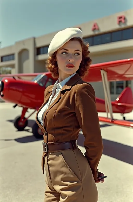 Prompt: Photo portrait of famed 1930s American aviatrix Skye Weatherly standing with the art deco Santa Monica airport terminal building and a bright red biplane in the background. Wearing brown suede pilot jacket, white shirt, belted khaki slacks, brown leather boots, her stylish white beret contrasts with her cinnamon-auburn tresses, gorgeous oval face, blue eyes, emphasize her ample curvy figure, sunny, 8k, high detail & quality.