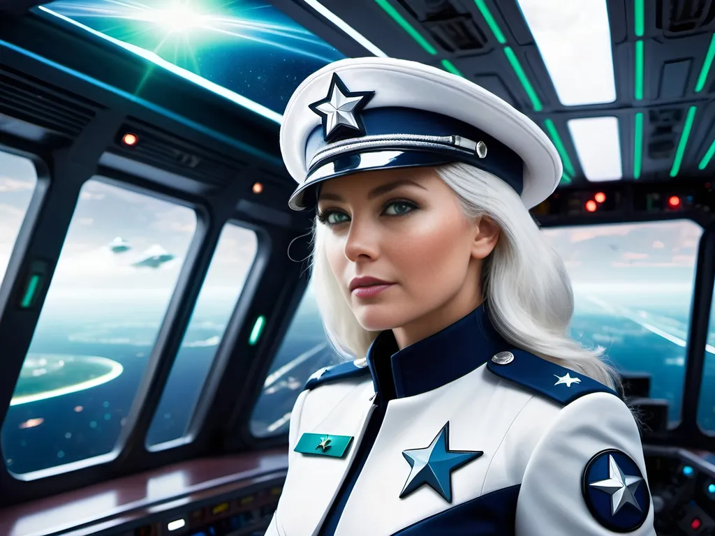 Prompt: Tall female officer in blue & white uniform with white beret and Star Patrol insignia, age 35, flowing white hair & green-eyed, standing on the crowded bridge of a star cruiser in orbit, many personnel, 8k photo, futuristic-sci-fi, star cruiser bridge, detailed uniform, flowing hair, professional, bustling atmosphere, intense green eyes, highres, sci-fi, futuristic, white beret, Star Patrol insignia, busy personnel, dynamic composition, atmospheric lighting, planet visible in windows