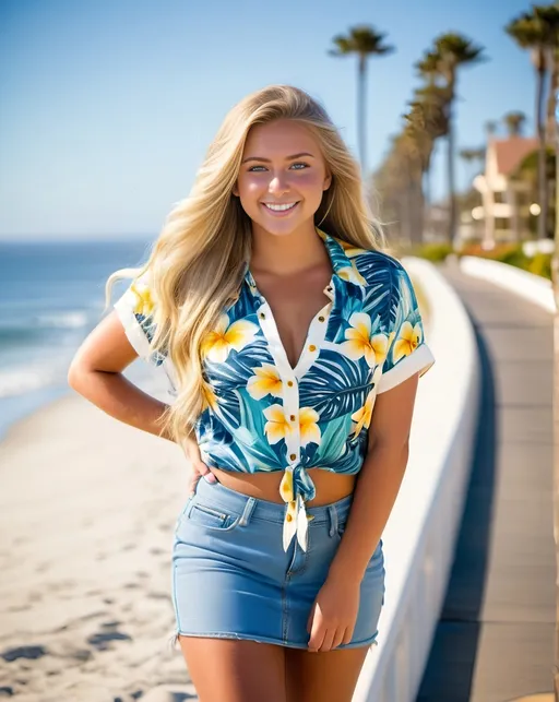 Prompt: beautiful suntanned California girl age 18 with long blonde hair, ice blue eyes, beautiful face, warm smile, curvaceous physique, hourglass figure, advertising style, tropical print blouse, denim miniskirt, white sneakers with yellow laces, standing, Del Coronado resort background, high-res photo, 8k, professional photography, high detail, intricate facial features, long flowing hair, beach setting