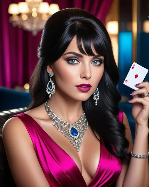 Prompt: Beautiful mysterious woman, long & thick black hair with long bangs that cover one eye, vibrant blue eyes, intricate facial features, curvaceous physique, prominent cheekbones, full lips, bright red lipstick, wearing an elegant fuchsia cocktail dress with a deep v neckline, adorned with silver jewelry, playing cards in a luxurious lounge, 8K resolution, realistic, elegant, detailed, vibrant blue eyes, silver jewelry, luxurious, sophisticated, key light on subjects face