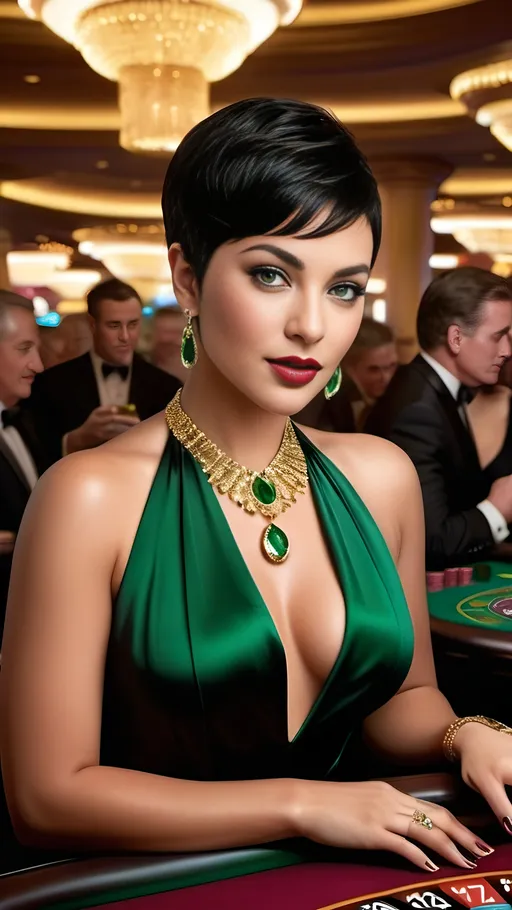 Prompt: Exotic Eurasian woman with short black hair, vibrant green eyes, almandine eyes, intricate facial features, curvaceous physique, wearing an elegant black cocktail dress, adorned with gold jewelry, playing baccarat at a crowded casino table, high-stakes game, 8K resolution, realistic, elegant, detailed, vibrant green eyes, gold jewelry, crowded casino, high-stakes, luxurious, sophisticated, atmospheric lighting