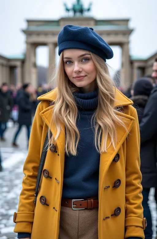 Prompt: Beautiful woman age 21, intricate square face, upturned nose, blue-eyed, blonde hair, rosy skin, yellow plaid wool coat, blue beret, blue sweater, khaki tweed skirt, brown leather boots, standing in a crowded snowy Berlin park, Brandenburg Gate in the background, 8k photo, detailed, high-res, realistic, winter fashion, natural lighting, historical landmark, vibrant colors, professional photography