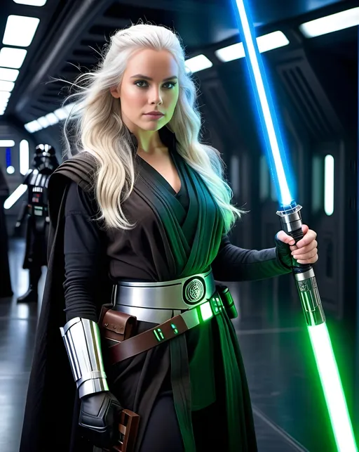 Prompt: Photo of an actress portraying a Jedi Knight (age 25) with long flowing white hair, vibrant green eyes, intricately beautiful face, costumed in black robes and slacks, black boots, and a utility belt with metallic tools, holding a glowing blue lightsaber, standing ready for battle against an Imperial Storm Trooper, elaborate space ship film set, realistic, high-res photo, natural skin tone, professional, cinematic