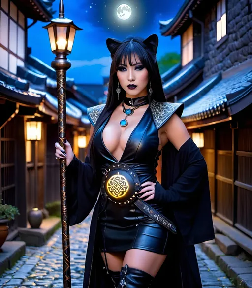 Prompt: Beautiful Japanese sorceress, buxom, glowing runic staff, black leopard pet, cobblestone alley, all black ensemble, leather duster, runic vest, miniskirt, gogo boots, black makeup, intricate face, high detail, nightscape, full moon, 8K photo, magic, sorcery, mystical, detailed eyes, intricate design, urban fantasy, atmospheric lighting