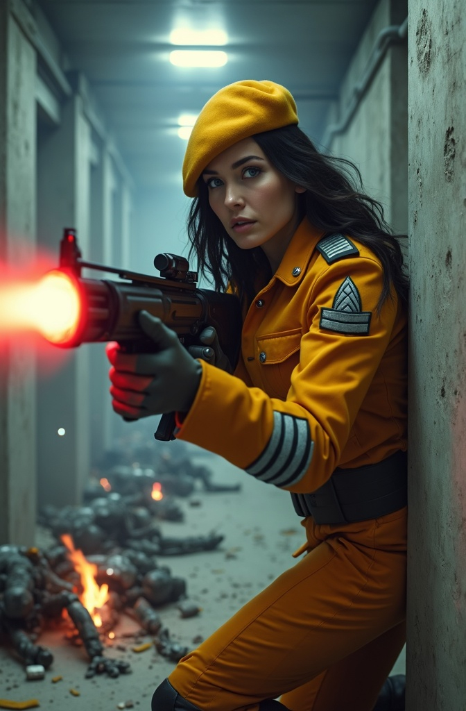 Prompt: 8K photo, cinematic, sci-fi, military, beautiful female officer, age 35, flowing dark hair, blue eyes, orange yellow gray uniform, Yellow beret, (silver chevrons rank insignia on her sleeves), leading a squad of soldiers & firing her plasma rifle (emitting a pulse of red energy), crouches behind a concrete pylon in a shattered corridor, smoke, debris, flames, broken ceiling lights, disabled robot soldiers lie smoking on the ground, high detail, fill light.