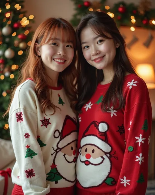 Prompt: photorealistic, (adorably cute teen Japanese sisters age 15-17) posing for a Christmas portrait, chestnut-auburn hair, (whimsical Christmas sweaters & pajama bottoms), emphasize (plump round bosomy thick physique), cozy living room decorated for the holidays, warm happy vibe, high detail & quality, (high detailed faces:2.0), 8k UHD, DSLR photography, soft inviting lighting, film grain texture, nostalgic Kodachrome ISO 100, ultra-detailed environment with festive decorations, comfortable ambiance.