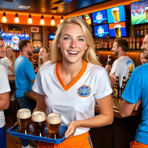 Prompt: Happy young waitress in white tee and orange shorts uniform, blonde hair, blue eyes, carrying tray with several bottles of beer, crowded sports bar with big TV screens, joyous crowd, 8k photo, vibrant atmosphere, detailed facial expression, energetic, realistic, lively lighting, colorful, busy environment