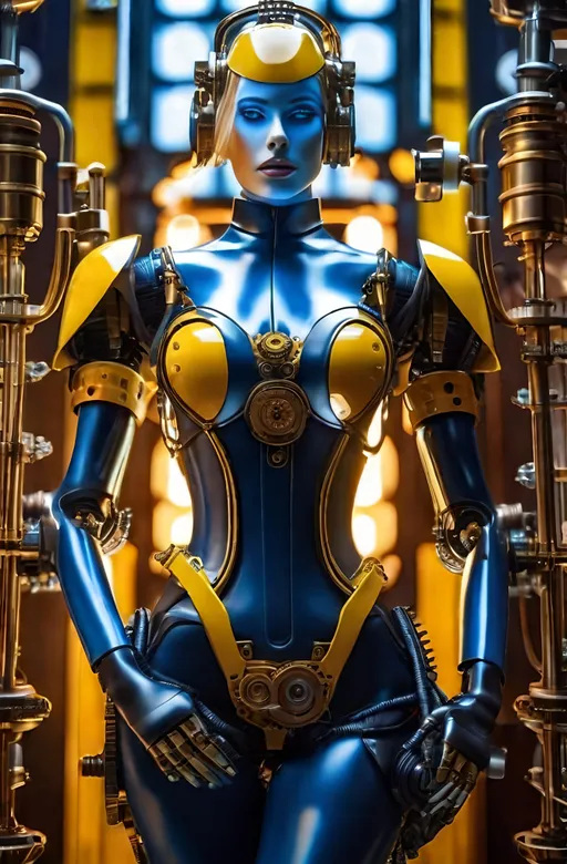 Prompt: 8K photo, cinematic, retro sci-fi, steampunk robot|cyborg woman with ((human head and mechanical robot body)), machine arms with exposed wires and gears, electric heart, beautiful face, blue eyes, yellow hair, clockwork gears, brass, glass, wires, top hat, perfect hands, standing in a steampunk control room, gauges, buttons, levers, high detail.