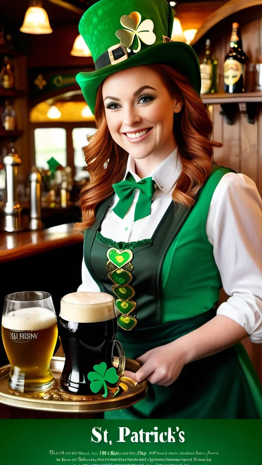 Prompt: 8K full page magazine ((advertisement with "St Patrick's Day" text printed over photo,)) Beautiful Auburn Hair waitress in Leprechaun  costume, buxom figure, green-eyed, smiling, intricate oval face, working in an Irish Pub, wood iron & brass decorations, carrying a tray with drinks, 8k photo, detailed, realistic, warm tones, professional, advertisement with "St Patrick's Day" text