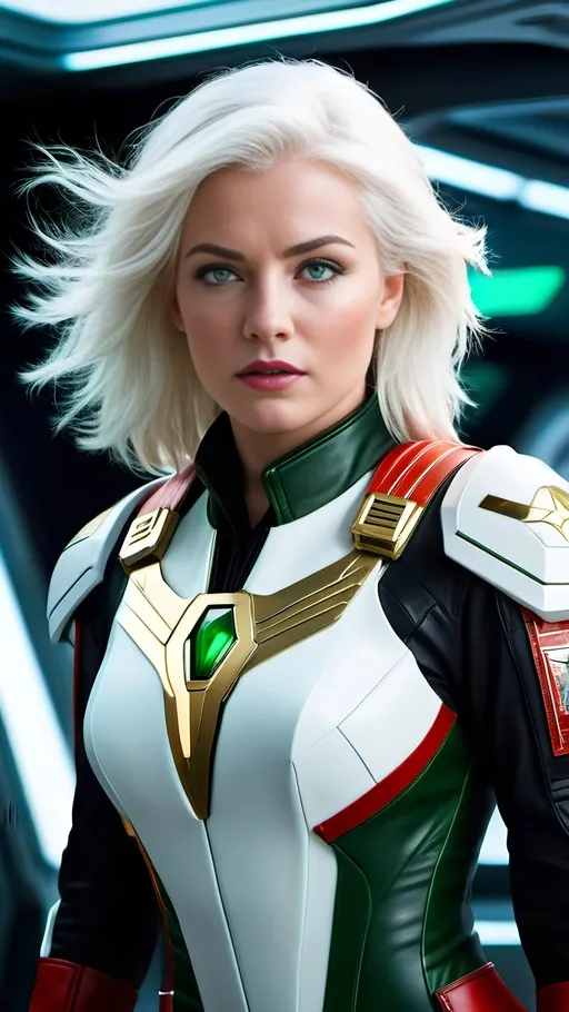Prompt: Red Alert! Space Patrol crew rushing to battle stations, beautiful woman in foreground (25 years old, pale skin, flowing white hair, green eyes), futuristic spacecraft interior, sleek black space flight suit with gold wings and rank insignia, intense and urgent motion, highres, 8k, futuristic, sci-fi, detailed facial features, professional, atmospheric lighting, dynamic composition