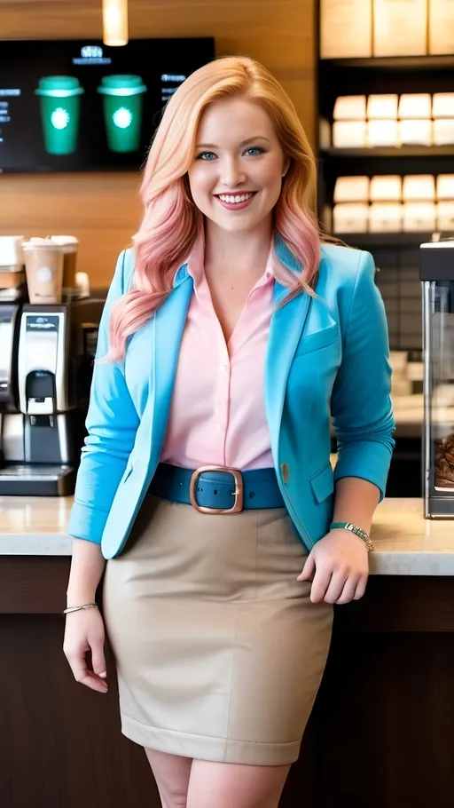 Prompt: Curvaceous Beautiful woman with chubby round face, dimples, blue eyes, long strawberry blonde hair, pink blazer, light blue blouse, khaki pencil skirt, white leather belt and sandals, getting coffee at Starbucks counter from a Barista, high-res, pro photo, airport setting, sophisticated, round-faced, blue-eyed, chic outfit, professional, blue and pink color palette, natural lighting, sharp focus, ample physique, soft plump figure, high detail, high quality