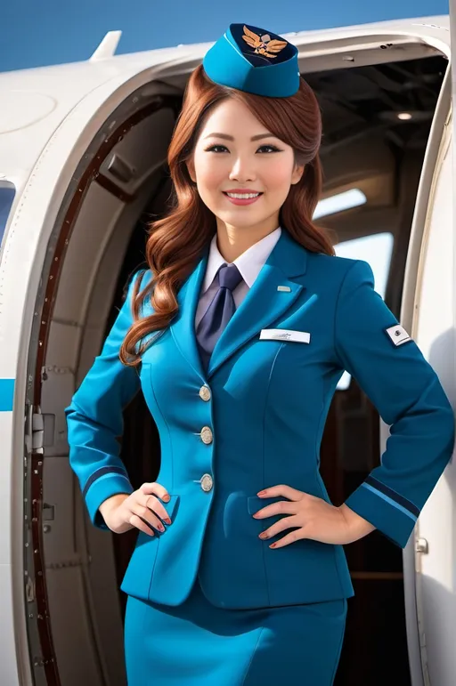 Prompt: Beautiful Japanese flight attendant, (lush curvaceous figure), (flawless face), navy blue and cyan blue uniform, long wavy auburn-reddish hair, vibrant gray eyes, warm smile, standing next to (aircraft door), (photorealistic), high-res, (studio lighting), capturing elegance and professionalism, bright atmosphere, emphasizing her friendly demeanor and the sleek design of the airplane interior.