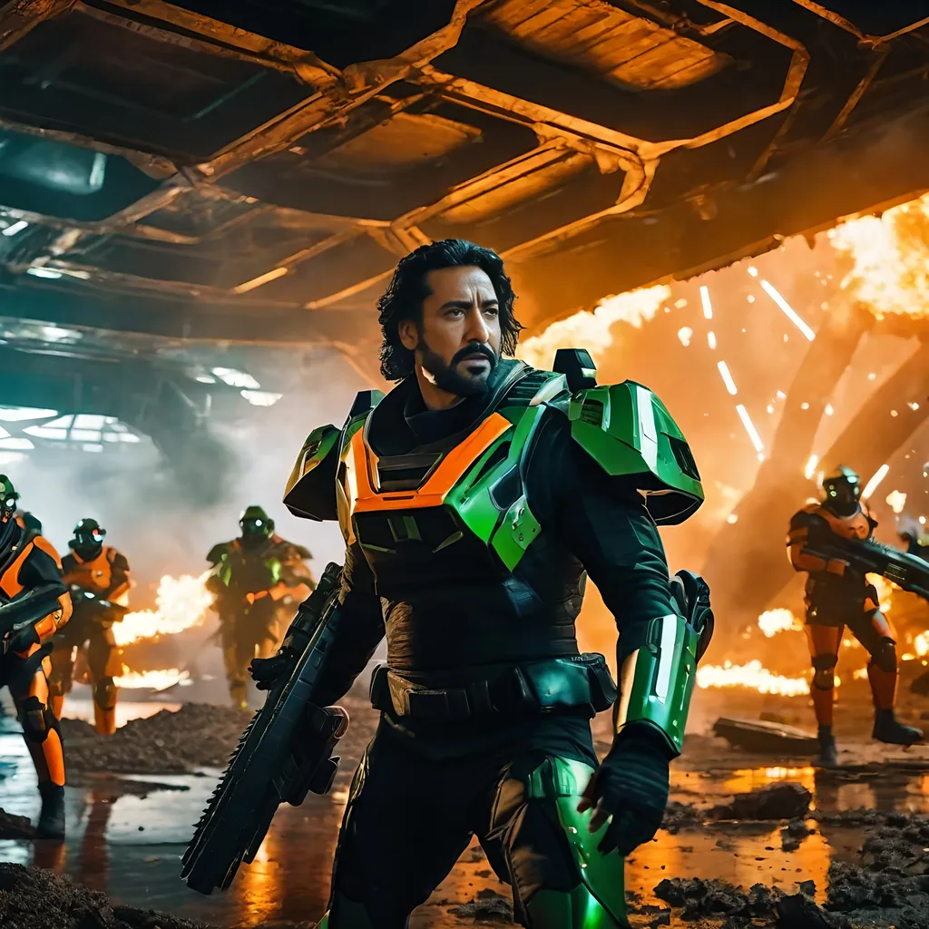 Prompt: 8K photo, cinematic, sci-fi, military, panoramic futuristic battle scene, rugged man, In officer's uniform with cloak, flowing black hair, leads a group of robot infantry soldiers carrying futuristic weapons, orange green & black uniforms, in a cavernous spaceship hanger deck, (shattered wreckage and debris, explosion fire smoke and flames), high detail.