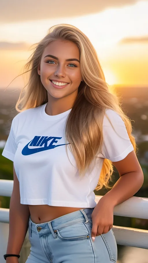 Prompt: suntanned woman (age 18) with long blonde hair, large green eyes, beautiful face, warm smile, buxom, curvaceous physique, broad bottom, hourglass figure, advertising style, wearing blue jeans, white nike cropped t-shirt, white sneakers with yellow laces, standing, beautiful resort background, sunset in the distance, high-res photo, 8k, professional photography, happy expression, high detail, intricate facial features, long flowing hair