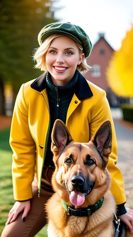Prompt: Beautiful woman with short blonde hair and green eyes, perfect oval face, upturned nose, smiling, wearing a yellow ski jacket, black blouse, and brown tweed skirt, topped with a newsboy cap, standing outside with a pet German Shepherd dog, 8k photo, high-res, vivid colors, advertising style, professional lighting, pet-friendly, detailed facial features, outdoor setting