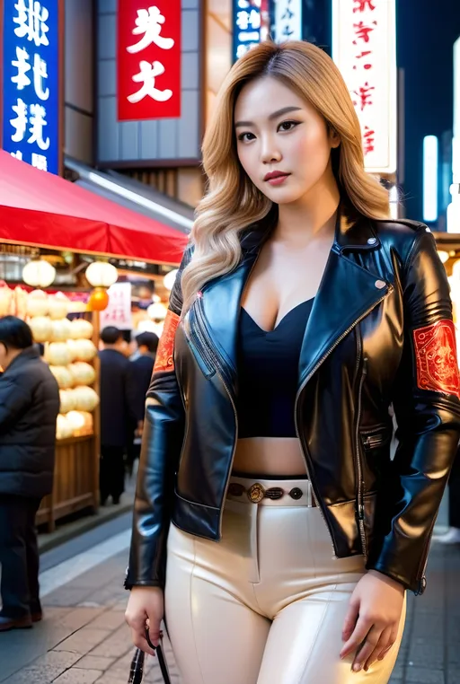 Prompt: (Two Beautiful elegant caucasian plus-size model)|Koyuki|Mikako Tabe, age 25, buxom, blonde hair, oriental motorcycle jacket, silk slacks, leather boots, standing in foreground of busy Ginza market at night, neon lights, signs, many people, intricate detail, 8K photo.