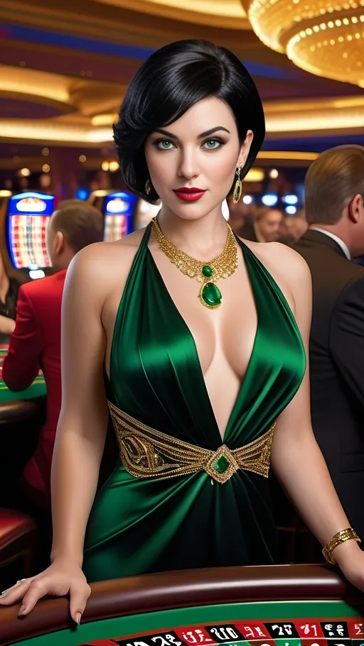 Prompt: Exotic Eurasian woman with short black hair, pale skin, vibrant green eyes, almandine eyes, intricate facial features, curvaceous physique, wearing an elegant black cocktail dress, adorned with gold jewelry, playing baccarat at a crowded casino table, high-stakes game, 8K resolution, realistic, elegant, detailed, vibrant green eyes, gold jewelry, crowded casino, high-stakes, luxurious, sophisticated, atmospheric lighting