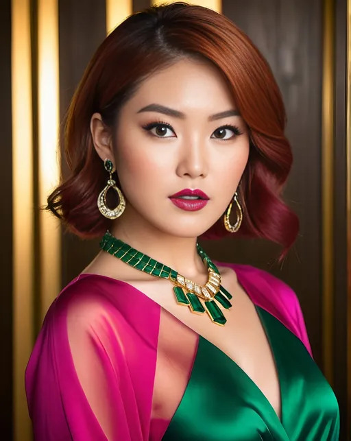 Prompt: Stunning Japanese woman, age 25, beautiful diamond face, arched eyebrows, prominent cheekbones, full mouth, magenta makeup, auburn bob, vibrant gray eyes, emerald hoop earrings, ruby emerald & gold geometric pattern necklace & pendant, apricot blouse, curvaceous figure, bosomy physique, high-res, pro lighting, fashion photography, sophisticated composition, intense gaze.
