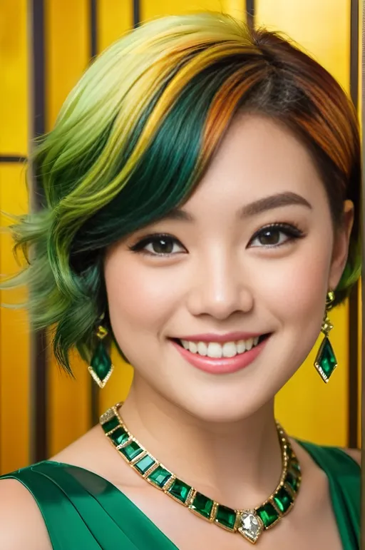 Prompt: Japanese woman (age 21) with multi-color short hair, hazel eyes, beautiful diamond face, upturned eyebrows, gold earrings, emerald necklace, curvaceous:2.0, buxom:2.0, green & yellow silk blouse, smile, art deco backdrop, high-res photo, detailed eyes, colorful hair, elegant, luxurious, vibrant, art deco, bright lighting