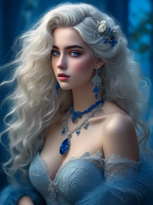 Prompt: <mymodel>Curvaceous, delicately beautiful young woman, feathery white hair, dark eyebrows, light makeup, low-cut lacy blue cocktail dress, fine bone structure, hourglass figure, come-hither expression, sapphire jewelry, bosomy physique, blue background, 8k photo, luxurious, elegant, detailed features, high quality, realistic, sophisticated style, sapphire tones, graceful lighting