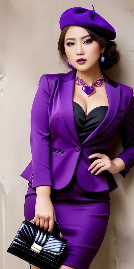 Prompt: Beautiful Japanese woman age 21, purple makeup & lipstick, intricate heart-shaped face, purple-eyed:2.0, overweight:2.0 bosomy, purple jewelry, purple blouse, blazer & pencil skirt, purple pumps, beret, ads-fashion editorial style, beige wall, high detail, 8K photo, fashion model, purple tones, intricate makeup, purple theme, curvy physique, elegant attire, professional posing, styled hair, editorial fashion, detailed features, luxurious setting