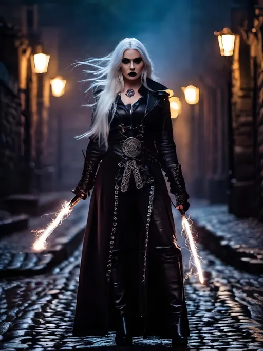 Prompt: Beautiful female shadow warrior with bolts of electricity arcing from her magic wand, tall, long white hair, black eyes, dark gothic makeup, pale skin, black leather duster, black vest with celtic runes, black leather boots, cinematic, horror, 8K photo, key light, standing in a cobblestone lane, foggy night, intricate details.