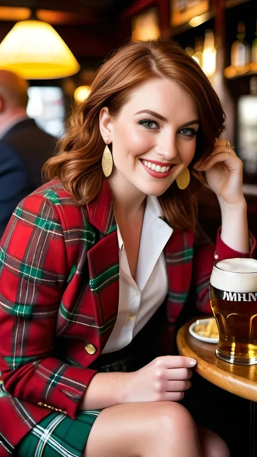 Prompt: Beautiful curvaceous auburn hair English woman, intricate triangle face, green eyes, petite upturned nose, gold earrings, light makeup, almond eyes, dark eyebrows, prominent cheekbones, red plaid jacket, white blouse, herringbone tweed red & green mini-skirt, pleasantly plump, smiling, sitting in a crowded Pub eating fish & chips with a beer, 8K photo, realistic, detailed fabric texture, classy, detailed face, chic fashion, London vibe, bustling urban setting, elegant lighting, modern, high quality