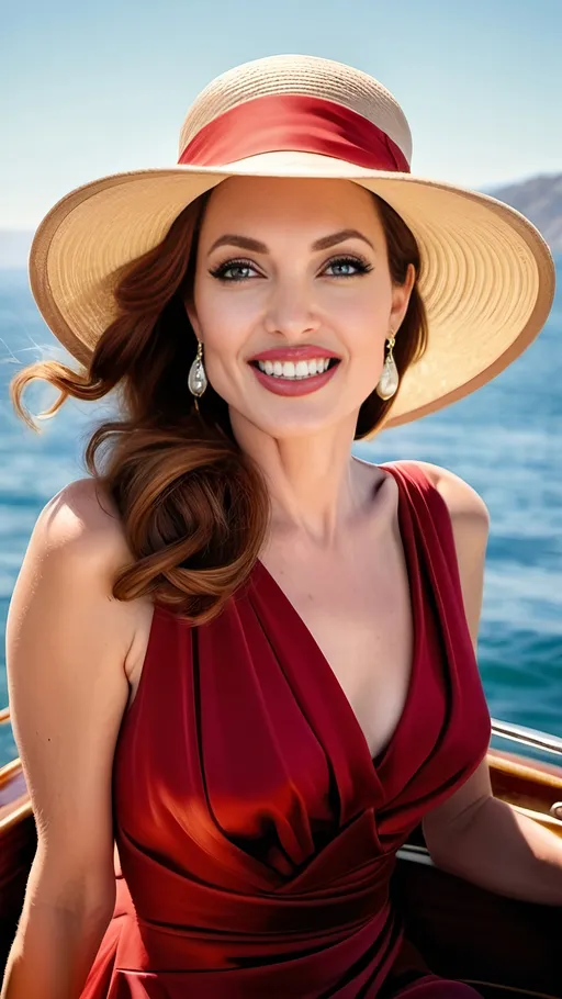 Prompt: Glamorous & curvaceous 1920s style Angelina Jolie on a mahogany motorboat at sea, Catalina Island in background, porcelain skin, golden-ratio face, rosy complexion, green eyes, long windswept auburn hair, smiling, ((scarlet-dress:2.0)), heels & sun hat, 8k photo, realistic, detailed, windswept hair, plump opulent figure, landmark Catalina California, intricate face, sultry smile, on a boat at sea, sunny day, luxurious motorboat, publicity style photo