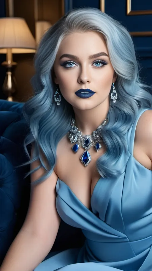 Prompt: Beautiful curvy young model with intricate square face, ((ice-blue eyes, long wavy silver-blue hair, blue makeup blue eyeshadow & blue lipstick, blue eyebrows, cerulean cocktail dress, navy mules, blue jewelry)), white teeth, intense gaze, comely expression, high-res, professional photo, ((blue theme)), sitting on a midnight blue sofa in a cozy light blue room, high detail, warm lighting, blue clothing, perfect hands, contrasting shades of blue