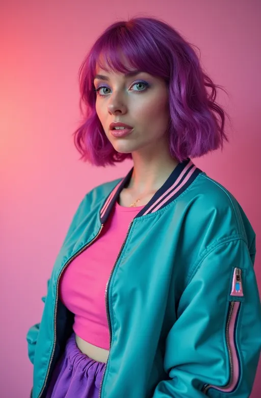 Prompt: (Patrick Nagel style photo) 80s magenta-purple haired woman, sparkling blue eyes, short wedge-cut hair, round face, wearing a teal bomber jacket, fuchsia tee, purple miniskirt, plump curvy figure, (pastel backdrop), bright light, cheerful ambiance, ultra-realistic, high detail & quality, (professional photography), vibrant colors, 8K resolution, dynamic composition, nostalgic vibe, playful and lively atmosphere.