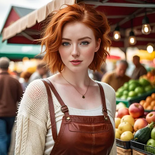 Prompt: Beautiful young woman with pale skin and freckles, green-eyed, short messy red hair, upturned nose, intricate face, bosomy, curvy, square face, white low-cut knit top, brown leather miniskirt with fringe, walking in a farmer's market, 8k photo, high detail, realistic, warm tones, natural lighting, detailed eyes, detailed hair, detailed clothing, bustling background, vibrant atmosphere, professional