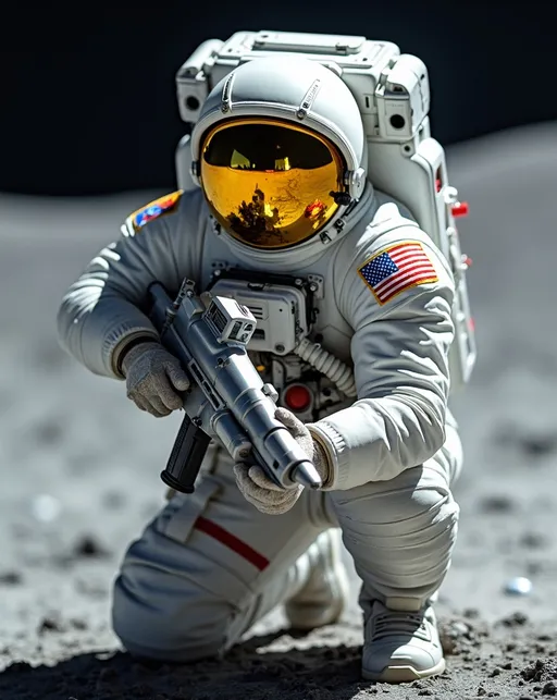 Prompt: Cinematic photo of a ruggedly handsome Astro-Marine trooper in white spacesuit uniform and yellow helmet, black & stainless steel jet pack, white & silver laser rifle, unit patch on shoulder, crouching with weapon on moon, 8k, high detail & quality.