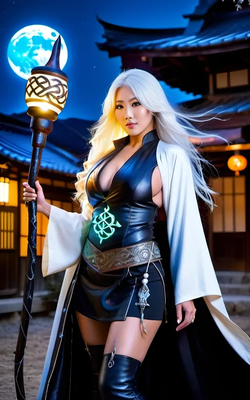 Prompt: Beautiful Japanese sorceress, flowing white hair, curvy figure, ((holding a gnarled magic staff with glowing runes & symbolic metal tip emanating  arcing electricity)), black leather duster, vest, miniskirt, gogo boots, night village setting, full moon, intricate facial features, 8k photo, high detail, buxom physique, mystical glow, detailed eyes, intricate design, professional lighting