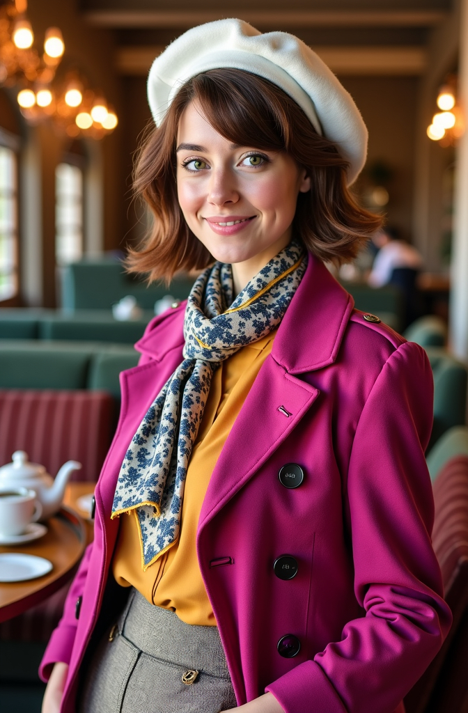 Prompt: Stunningly beautiful young woman, (piercing green eyes), short chestnut hair in chic shag cut, big smile, fuchsia jacket, paisley scarf, white beret, saffron blouse, tweed skirt, fashion boots, (elegantly standing) in a stylish tea shoppe, luxurious ambiance, warm lighting, ornate decor, exquisite details, inviting atmosphere, (high detail & quality), (8k resolution), photorealistic, pro photo, (high-end fashion).